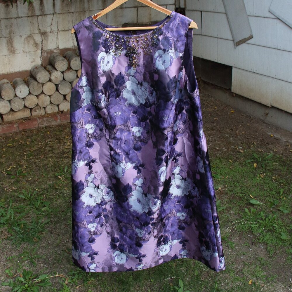 Adrianna Papell Purple Floral Sheath Dress with Gem Neckline 18W